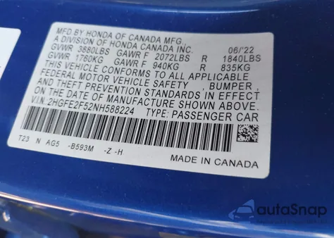 2022 Honda Civic Sport from USA, damaged, VIN 2HGFE2F52NH588224
